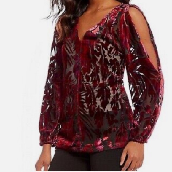 NWT Mika Mindel Red Black Multi Burnout Velvet Folliage Cold Shoulder Top XL - Picture 4 of 12